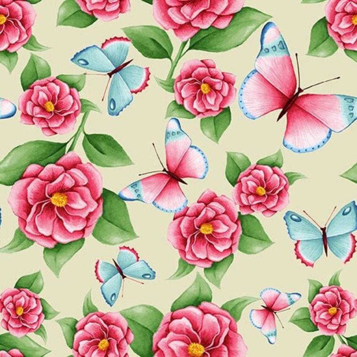 Ivory Butterfly and Roses - Tropical Vibes Collection - Blank Quilting